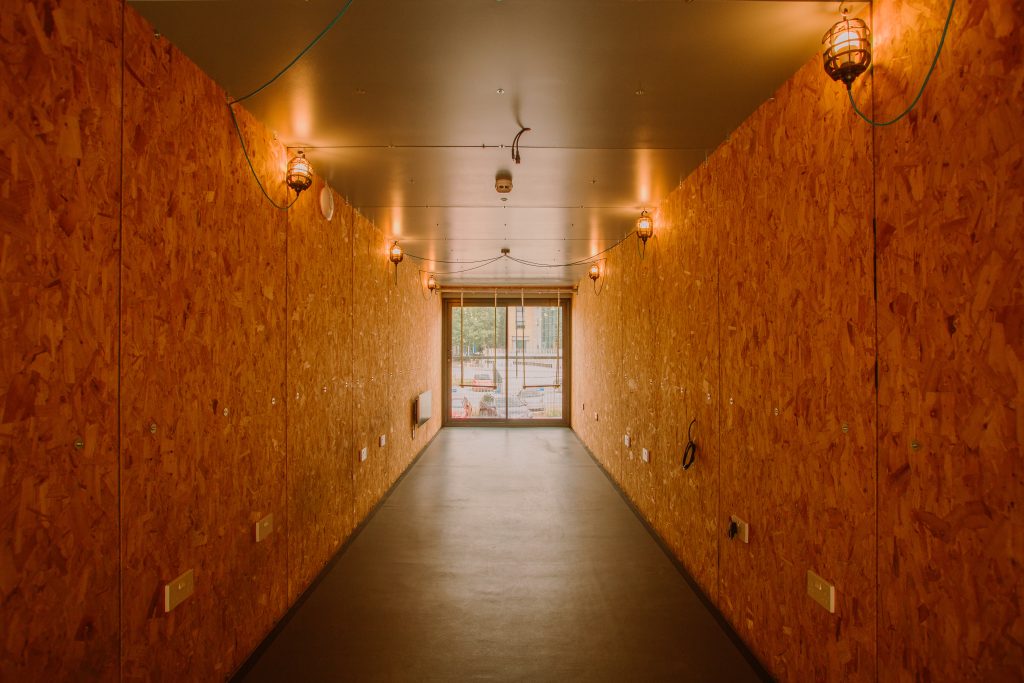 Interior of an OSB clad shipping container